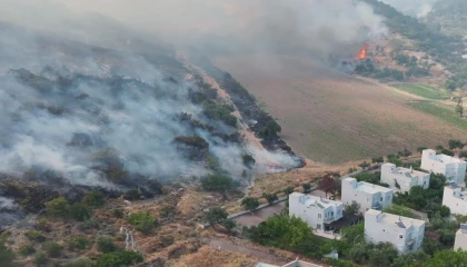 İzmir Dikili’de otluk ve zeytinlik alanda çıkan yangına müdahale sürüyor